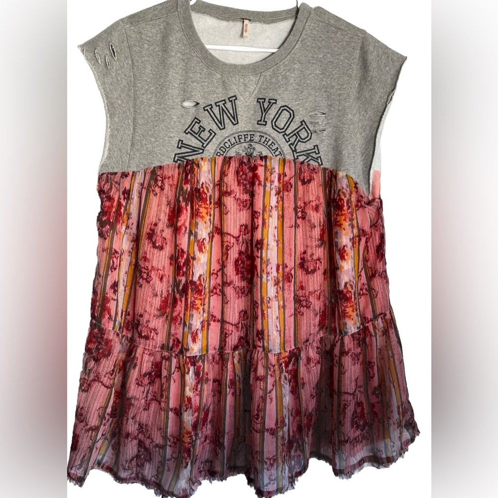 Free People Wallpaper Distressed Floral Sweatshirt Tunic Size XS